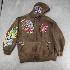 Mama Mens Zip Up Hoodie XL Brown Rhinestone Skull Dagger Stains Preowned